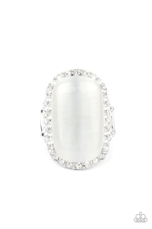 Thank Your LUXE-y Stars - Oversized White Encrusted Cat's Eye Moonstone Ring R#086