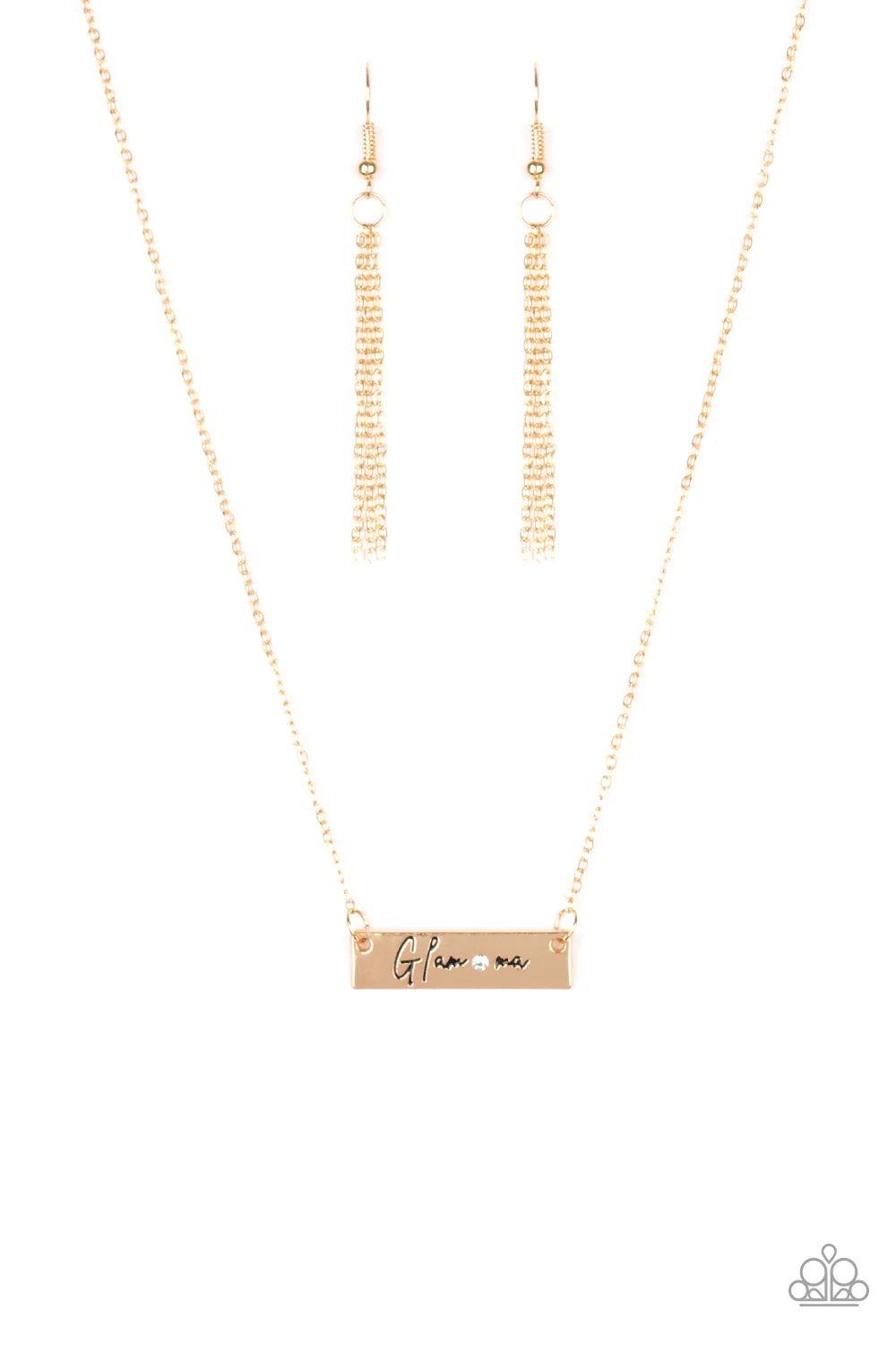 The GLAM-ma - Gold Stamped "Glam-ma" Rectangular Suspended Encrusted Necklace N#354