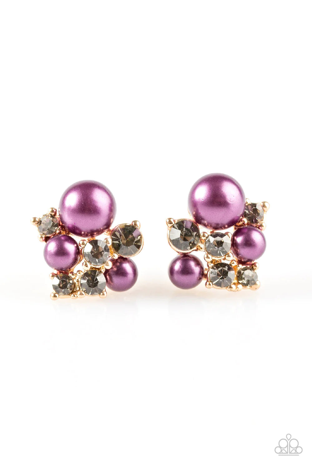 The Hostess With The POST-est - Purple/Gold Pearl Smoky Encrusted Cluster Bouquet Earrings E#1356