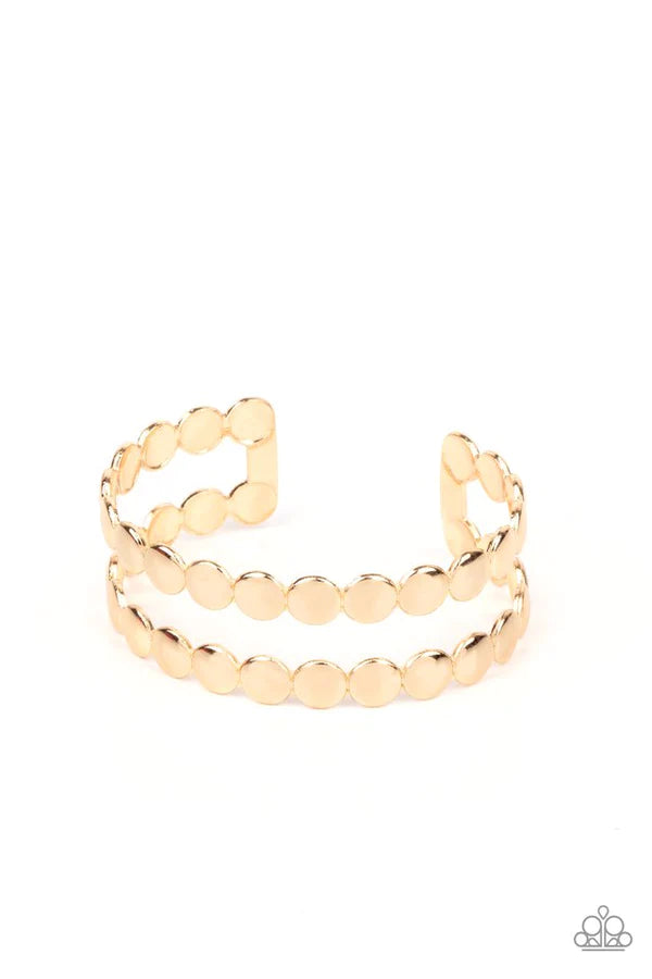 On The Spot Shimmer - Gold Flattened Studded Coalesce Cuff Bracelet B#343