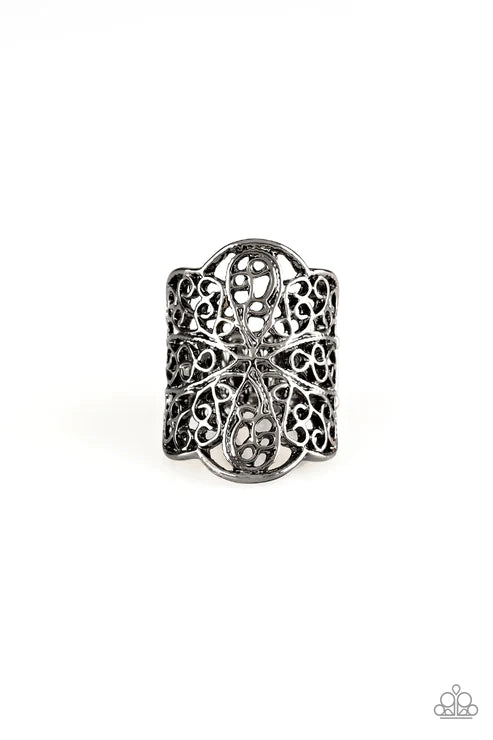The Way You Make Me FRILL - Oversized Black/Gunmetal Floral Swirl Filigree Ring R#1755