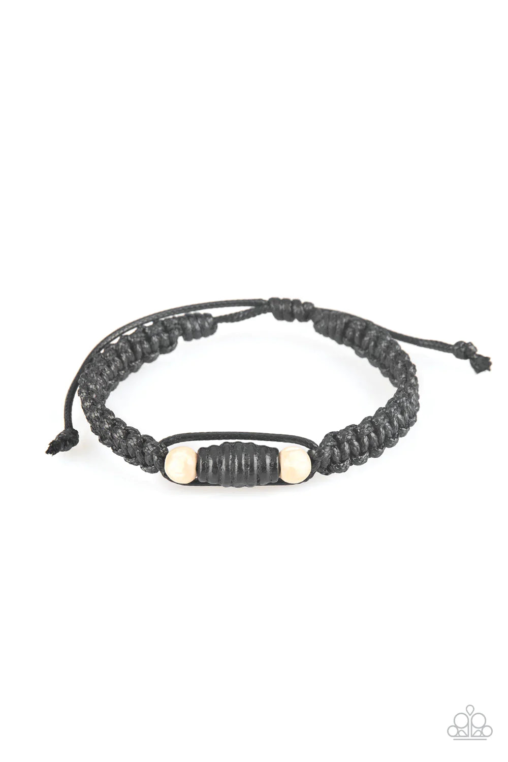 Tiki Traveler - Black/White Knotted Cording/Wood Adjustable Sliding Knot Closure Urban Bracelet B#1139