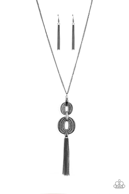 Timelessly Tasseled - Oversized Black Hammered Circular Stacked Pendant Tassel Necklace N#2486