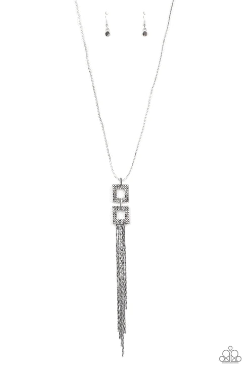 Times Square Stunner - Silver Smoky Duo Squared Hematite Encrusted Tassel Stream Necklace N#2589