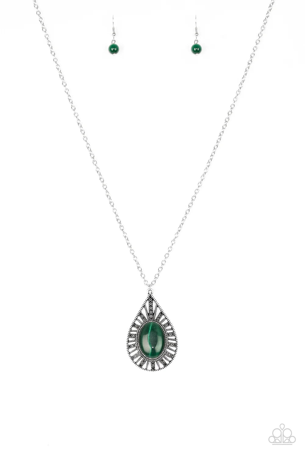 Total Tranquility - Oversized Green Cat's Eye Moonstone Ornate Floral Teardrop Necklace N#883