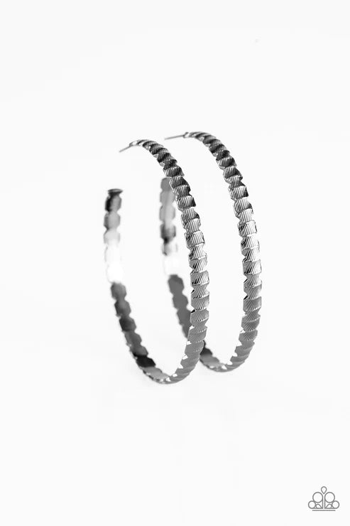 Totally Off The HOOP - Oversized Black High-Sheen Textured Hoop Curls Hoop Earrings E#2082