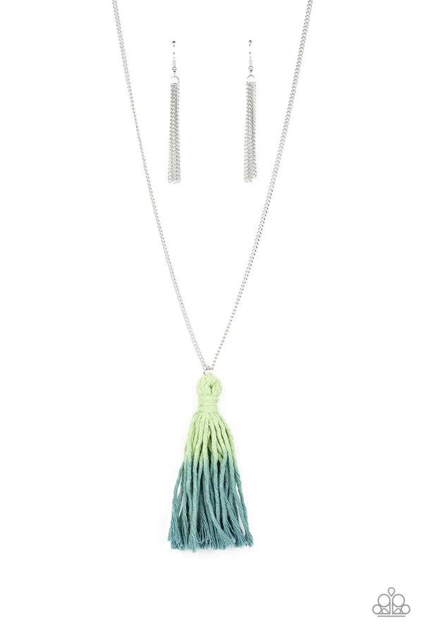 Totally Tasseled - Oversized Green Ombre (Green/Blue) Knotted Tassel Necklace N#175