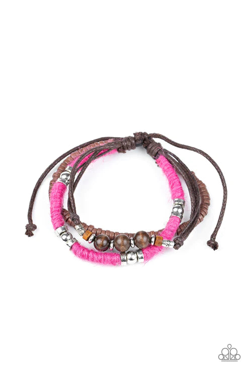 Totally Tiki - Pink Infused Mismatched Wood/Twine Accent Adjustable Sliding Knot Closure Urban Bracelet B#2055