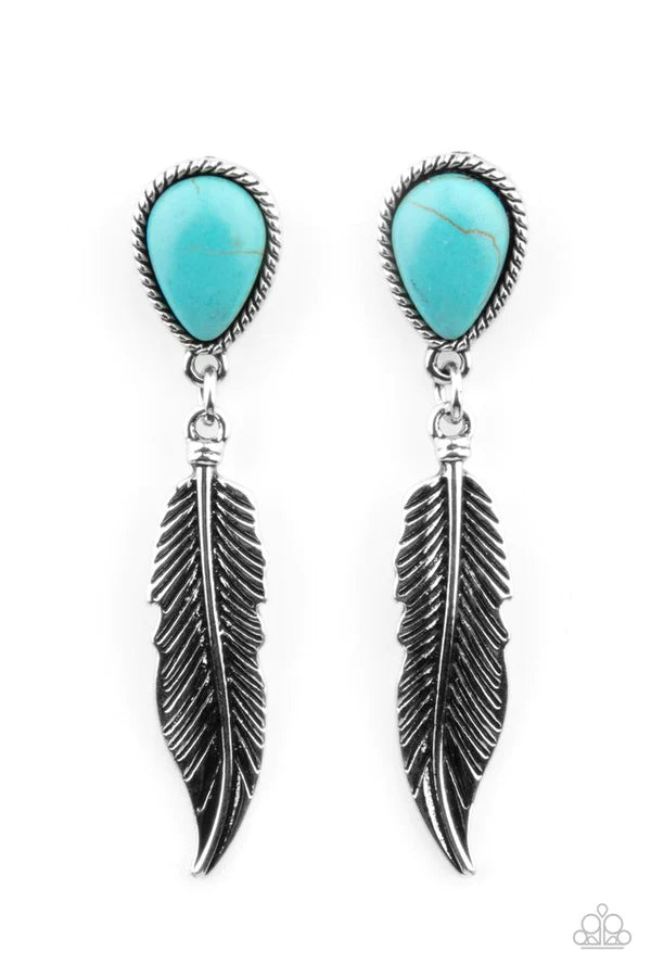 Totally Tran-QUILL - Blue 3D Feather Charm Stone Teardrop Earrings E#564