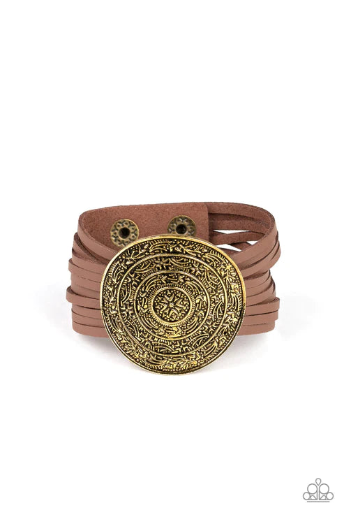 Treasure Quest - Oversized Brass Antiqued Embossed Flower Filigree Western Suede Adjustable Snap Closure Bracelet B#1705