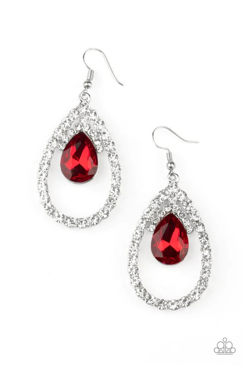 Trendsetting Twinkle - Oversized Red Teardrop Encrusted Drip Dramatic Effect Earrings E#2398