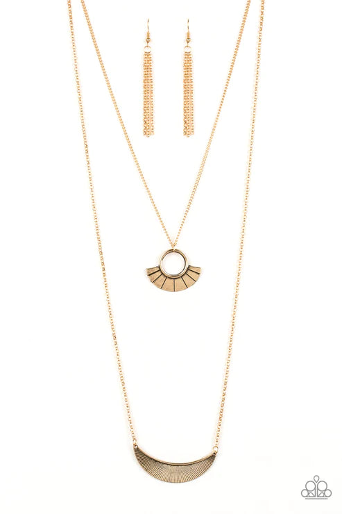 Tribal Trek - Oversized Gold Flared Linear Half-Moon Tribal Necklace N#2095
