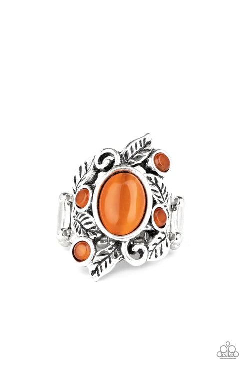 Tropical Dream - Oversized Orange Dotted Oval Leafy Bloom Cat's Eye Moonstone Ring R#2543