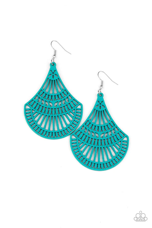 Tropical Tempest - Oversized Blue Tropical Airy Stenciled Cut Wooden Earrings E#2263