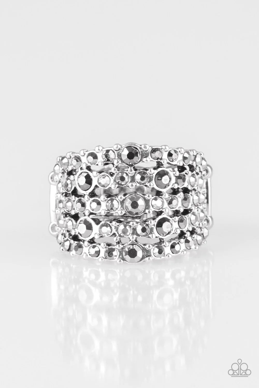 Truly Treasured - Oversized Silver Hematite Encrusted Studded Ring R#1185