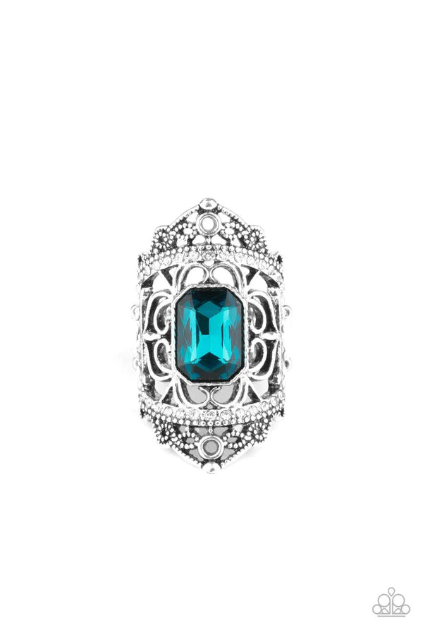 Undefinable Dazzle - Oversized Blue Royal Studded Emerald Cut Filigree Ring R#1505