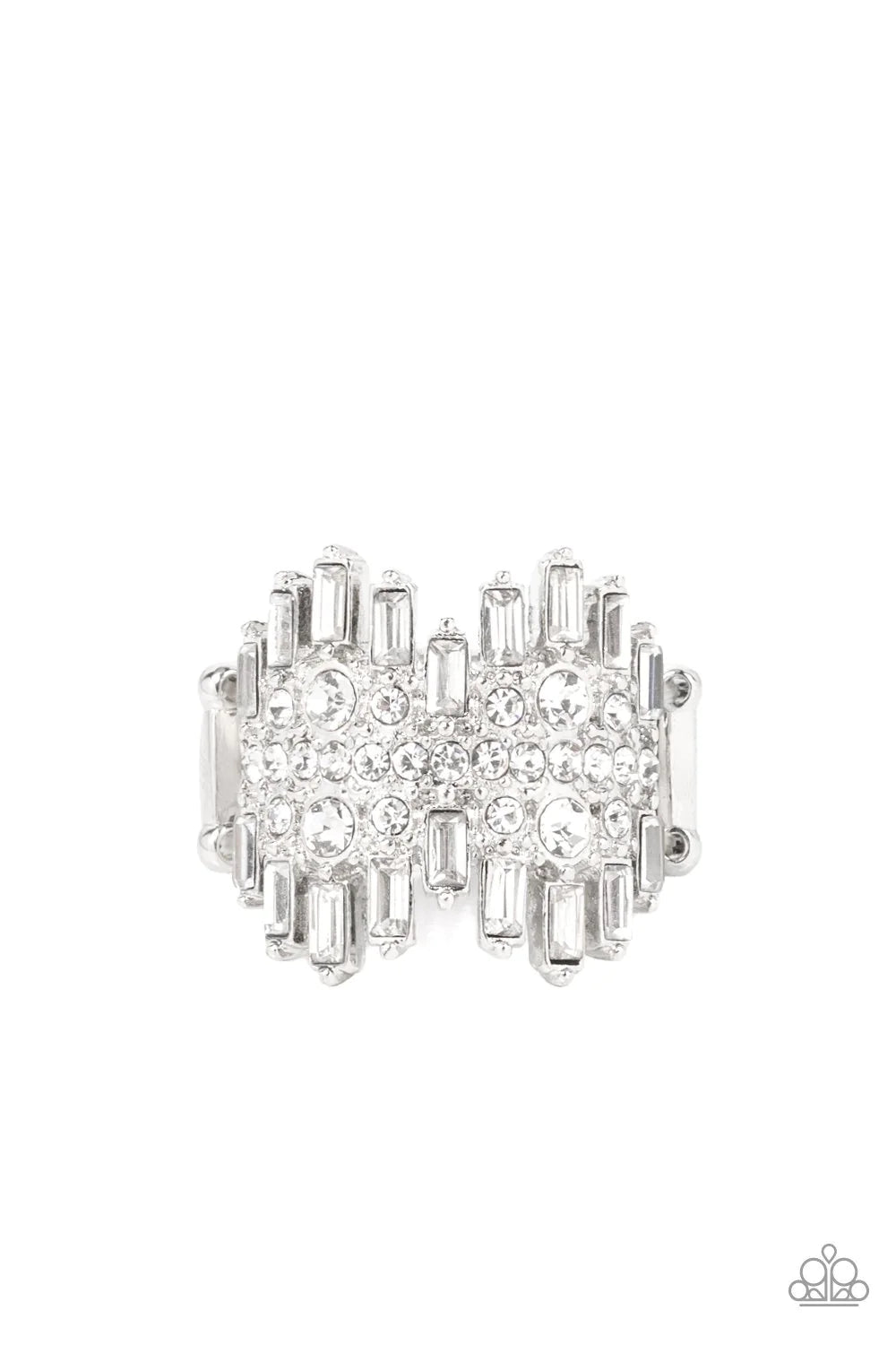 Empire - White Staggered Explosion Flared Emerald Cut Encrusted Ring R#001