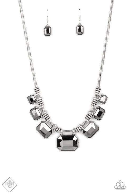 Urban Extravagance - Oversized Silver Smoky Hematite Rounded Emerald-Cut Glide Along Necklace N#2568