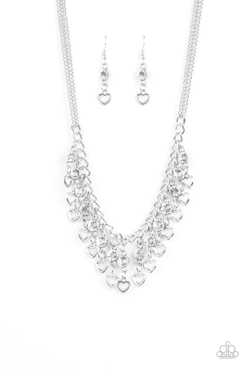 Valentines Day Drama - White 3D Heart Encrusted Fringe Necklace N#1979