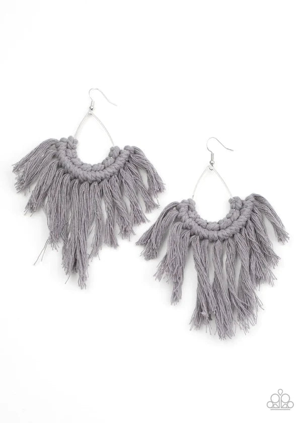 Wanna Piece Of MACRAME? - Oversized Silver Macrame Knotted Sleet Tassel Teardrop Fringe Earrings E#358