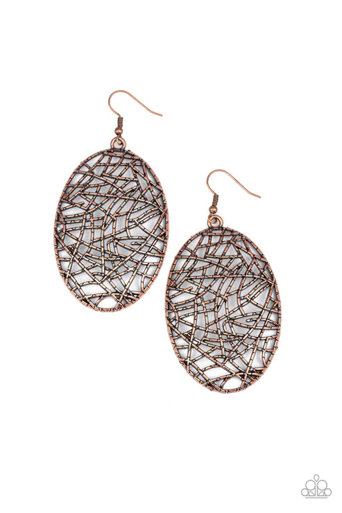 Way Out of Line - Oversized Copper Oval Shattered Crisscross Earrings E#2210