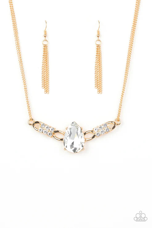 Way To Make An Entrance - Oversized Gold/White Horizontal Teardrop Necklace N#2157