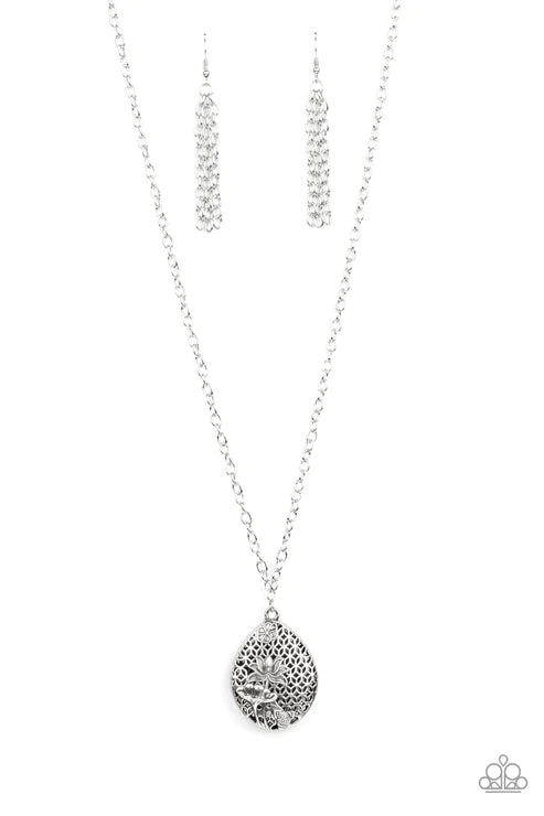 Wearable Wildflowers - Oversized Silver Ornate 3D Wildflowers Climb Backdrop Locket Necklace N#2072