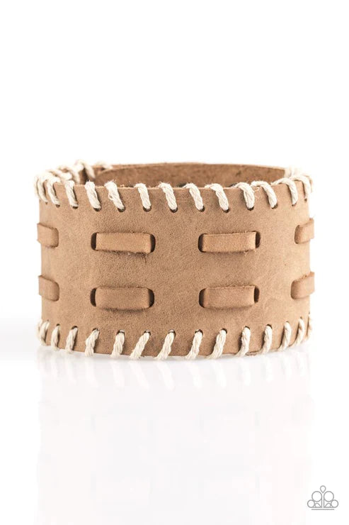 West RIDE Story - Oversized Brown Suede Lace Stitched Twine Leather Urban Bracelet B#1740
