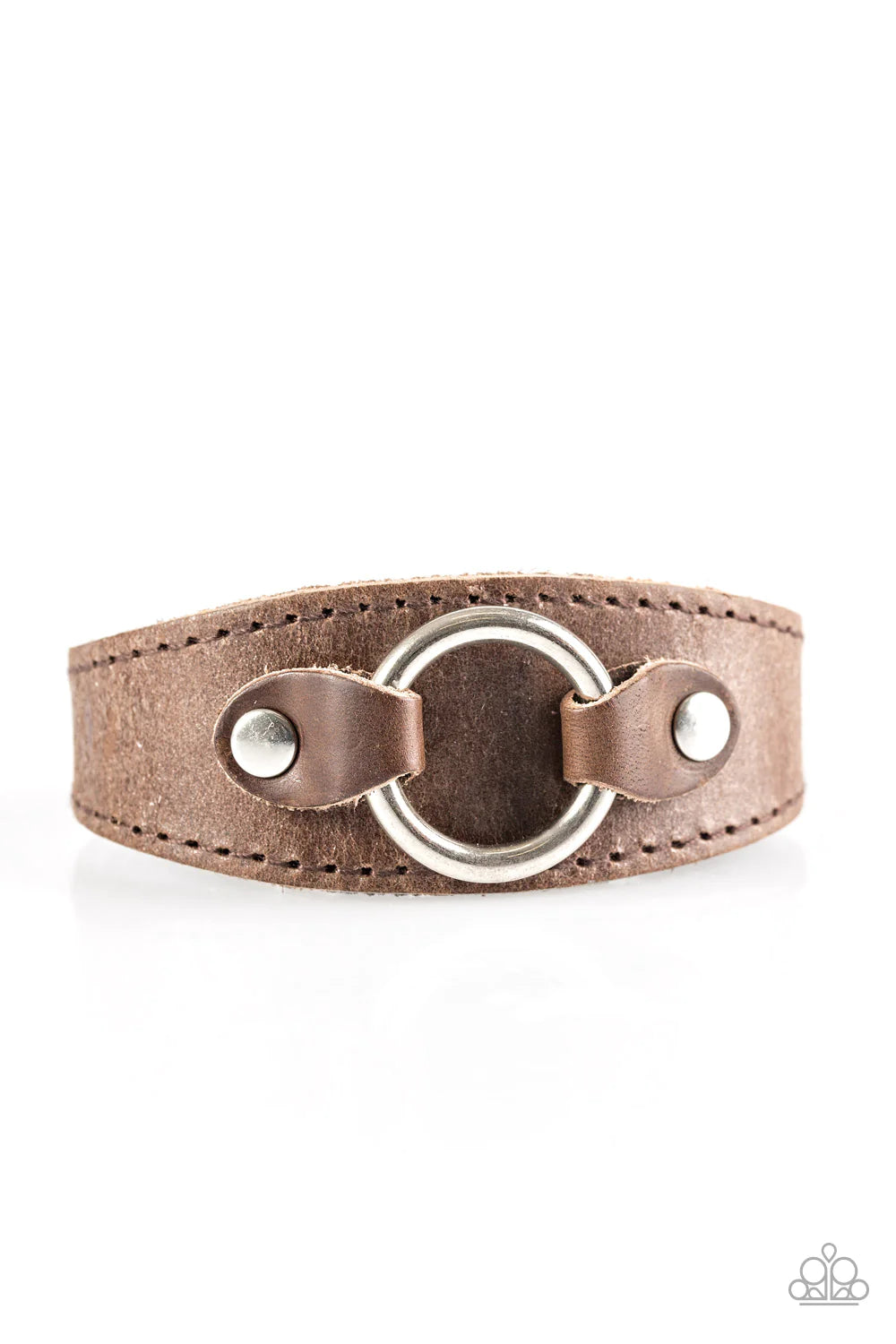 Western Wrangler - Oversized Brown Ring Studded Rustic Rugged Leather Adjustable Snap Closure Urban Bracelet B#1158