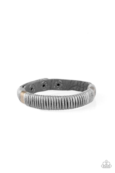 What Happens On The Road - Silver/Gray Infused Metallic Cord Accents Leather Urban Bracelet B#2018