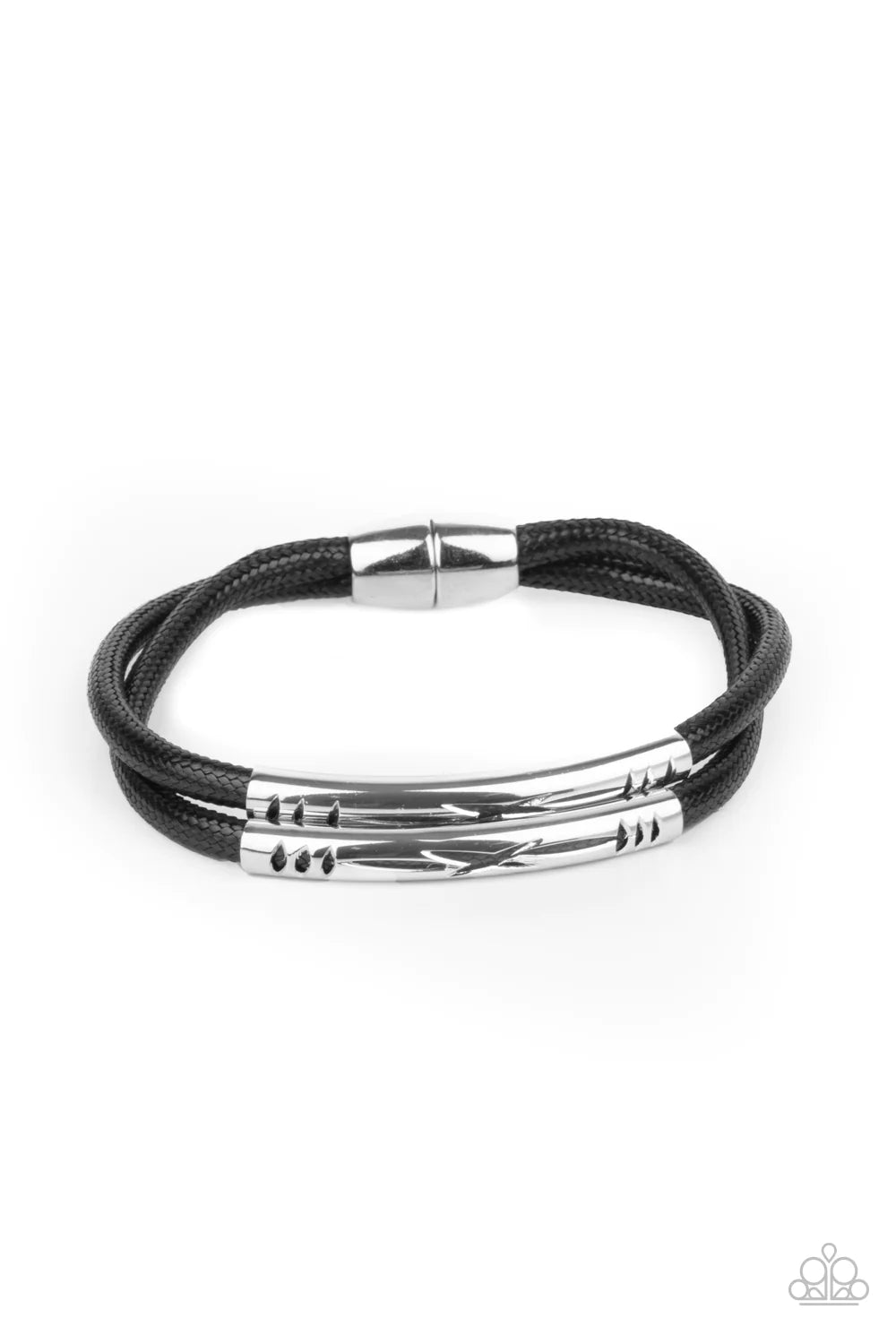 What a WANDER-ful World - Black Stenciled Cutouts Slide Along Cord Tribal Magnetic Urban Bracelet B#506