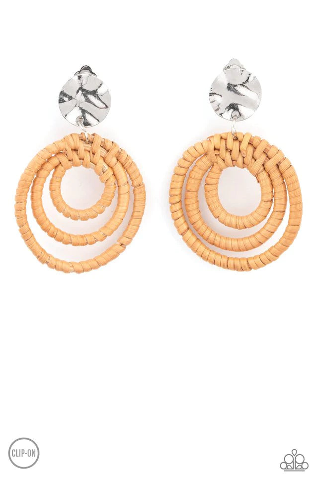 Whimsically Wicker - Brown Wrapped Wicker Hammered Disc Clip-On Earrings E#530