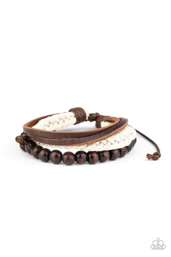 Wildly Wrangler - Oversized Brown Earthy Mismatched Wood/Leather/Braided Twine Layered Sliding Knot Closure Urban Bracelet B#1135
