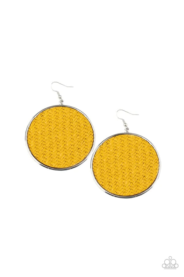 Wonderfully Woven - Oversized Yellow Woven Weaved Twine Disc Earrings E#1470
