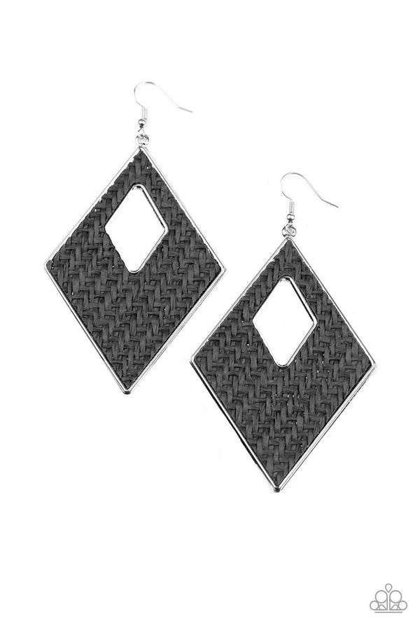Woven Wanderer - Oversized Black Diamond Woven Weaved Wicker Earrings E#784