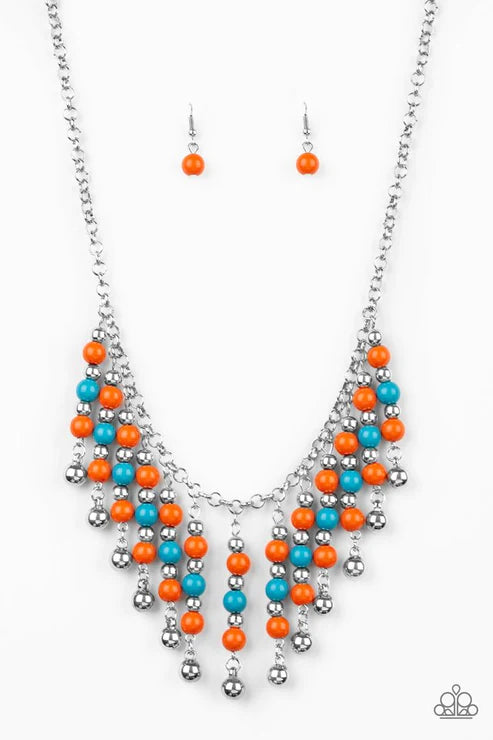 Your SUNDAES Best - Orange (Orange/Blue/Silver) Metallic Rods Fringe Necklace N#1921