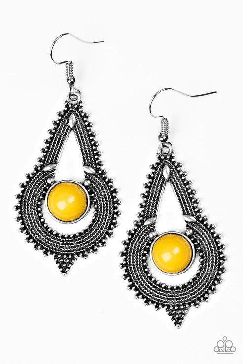 Zoomin Zumba - Oversized Yellow Radiating Studded Rope Textures Ornate Earrings E#2422