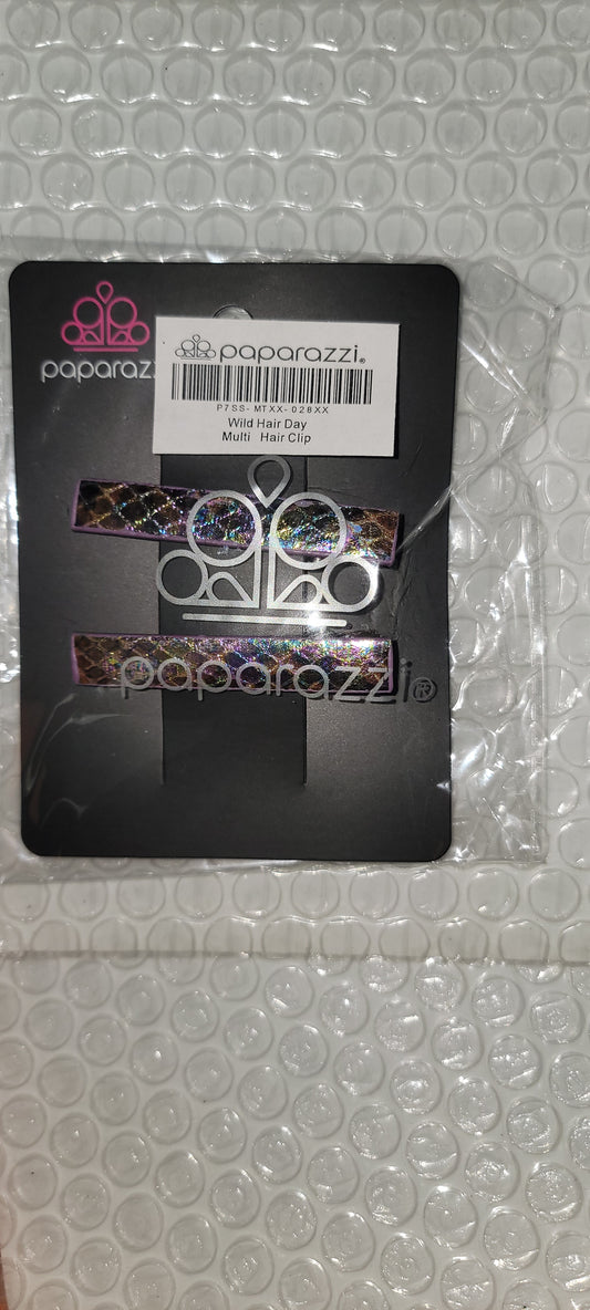 Wild Hair Day - 2-pk Oversized Multi Oil Spill Iridescent Wild Python Leather Hair Clips HH#716