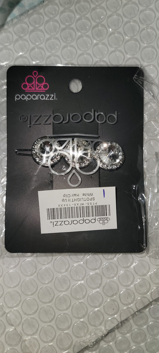 SPOTLIGHT It Up - Oversized White Trio Encrusted Hair Clamp Barrette HH#431
