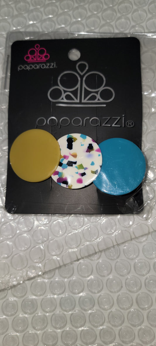 HAIR Comes The Sun - Oversized Bubbly Yellow (Yellow/Multicolored Tortoise Shell/Blue) Overlap Shell Circle Hair Clip HH#992