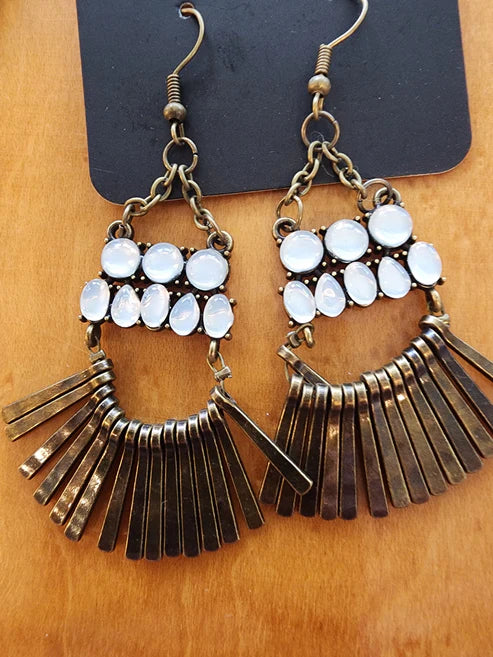A FLARE For Fierceness - Oversized Brass Hammered Brass Rods Fans Out Brass Wire Stacked Rows Opalescent White Beads Mismatched Dewy Beads Brass Chains Coalescing Ethereally Rustic Chandelier Earrings E#7377