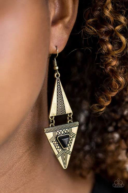 El Paso Edge - Brass Duo Triangular Lure Stamped Tribal Earrings E#7237