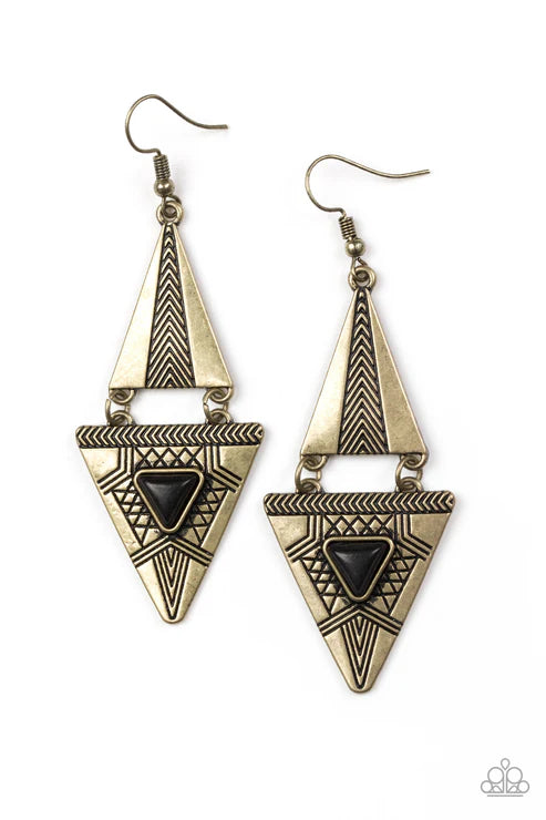 El Paso Edge - Brass Duo Triangular Lure Stamped Tribal Earrings E#7237