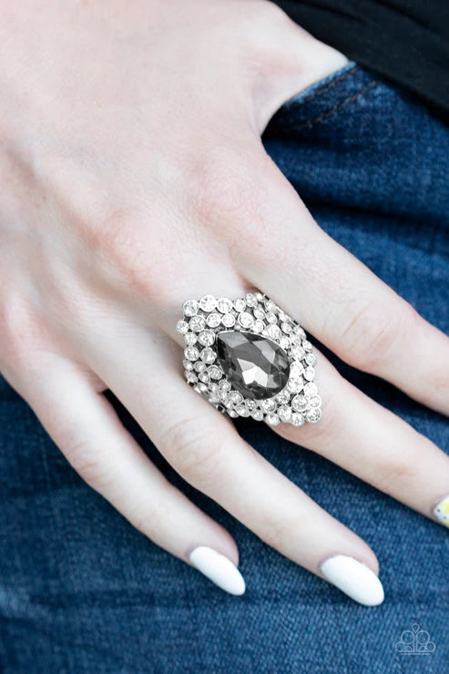 Hollywood Heiress - Oversized Silver Regal Teardrop Cut Smoky Gem Sparkling Backdrop White Encrusted Blinding Ring R#5987