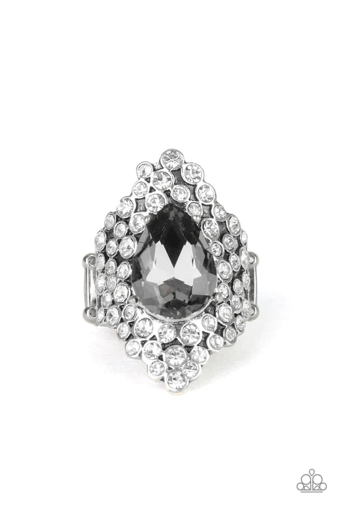Hollywood Heiress - Oversized Silver Regal Teardrop Cut Smoky Gem Sparkling Backdrop White Encrusted Blinding Ring R#5987