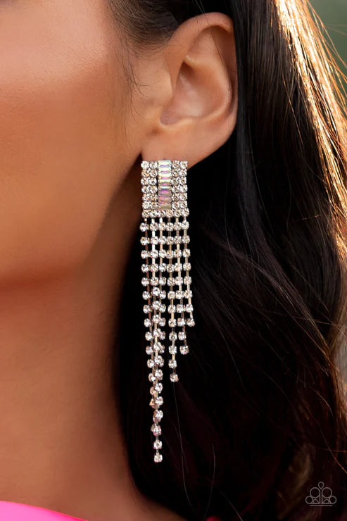 A-Lister Affirmations - Oversized Multi Dotted Rectangular Iridescent Emerald Cut Tapered Fringe Earrings E#2716