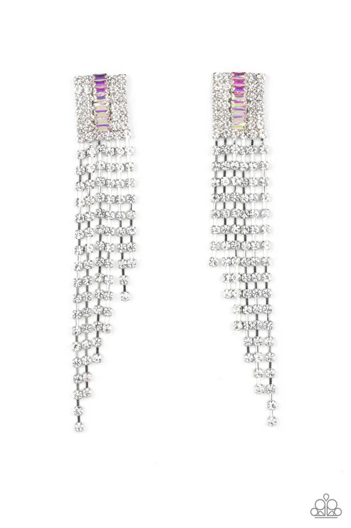 A-Lister Affirmations - Oversized Multi Dotted Rectangular Iridescent Emerald Cut Tapered Fringe Earrings E#2716