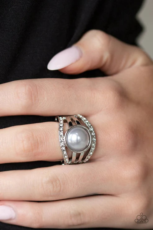 A Big Break - Oversized Silver Pearl Encrusted Arc Ring R#474