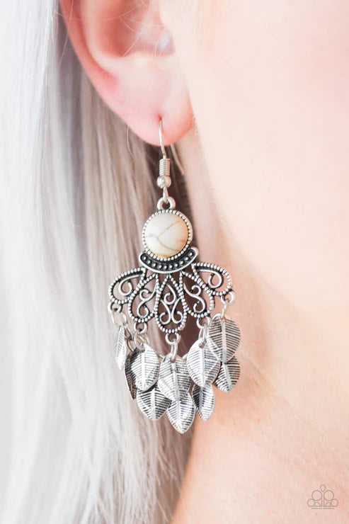 A Bit On The Wildside - White Stone Leaves Fringe Earrings E#3049
