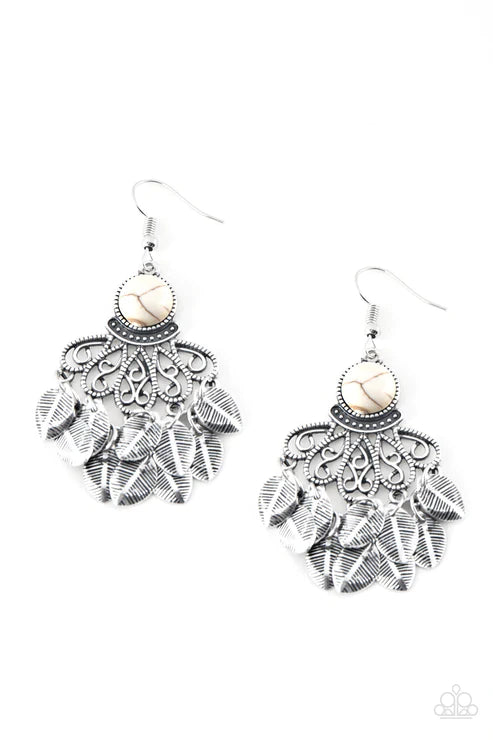 A Bit On The Wildside - White Stone Leaves Fringe Earrings E#3049